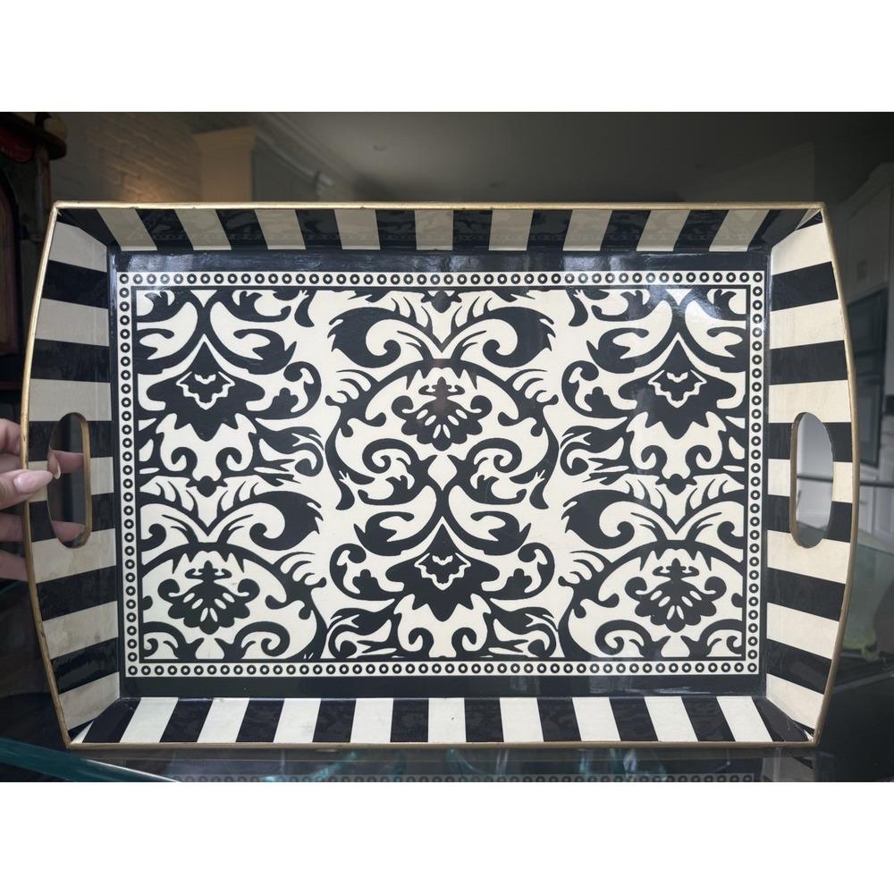 Michel Design Works Black Cream Damask Serving Tray Striped‎ Handles 20" X 12"